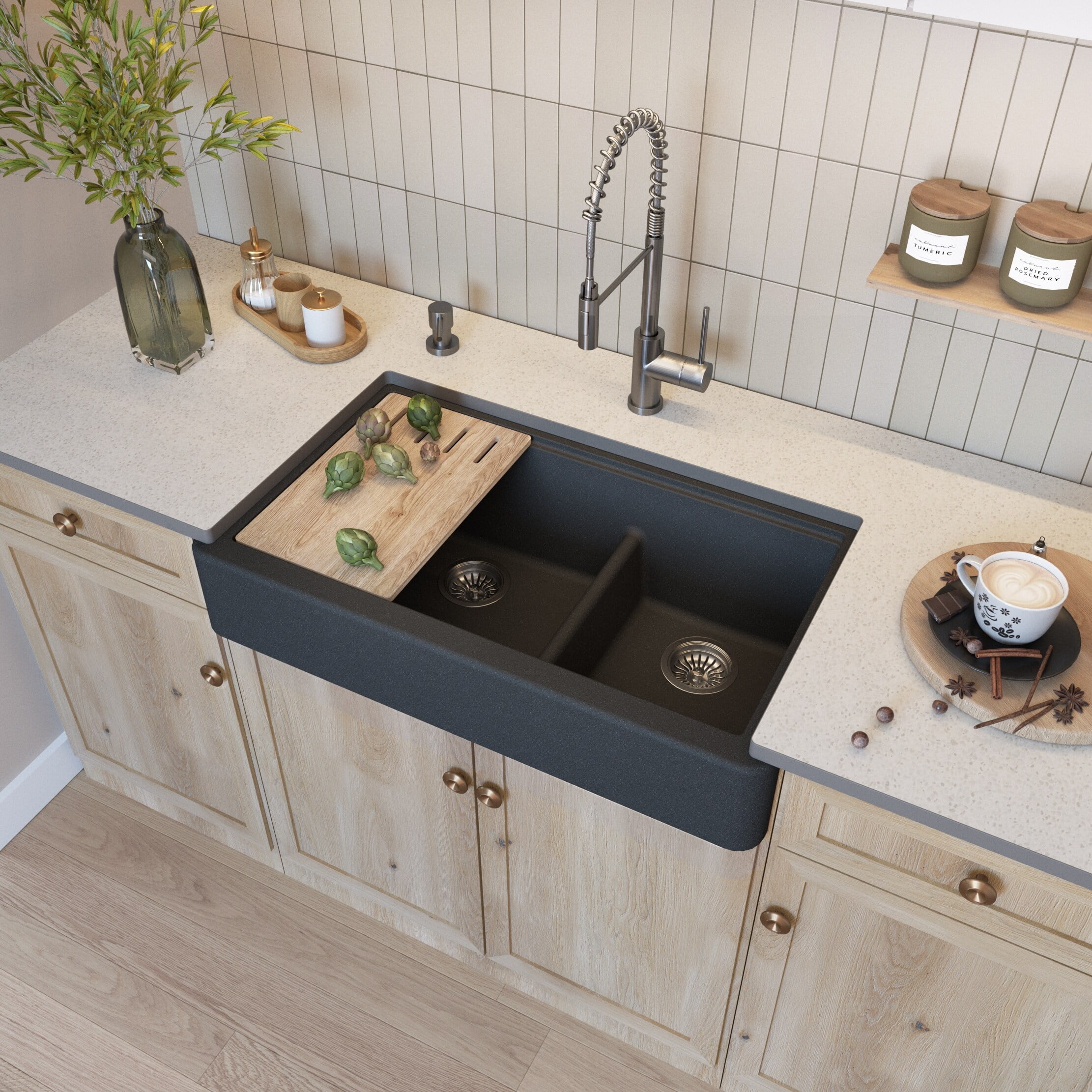 36" Off-White Granite Double-Bowl Farmhouse Kitchen Sink