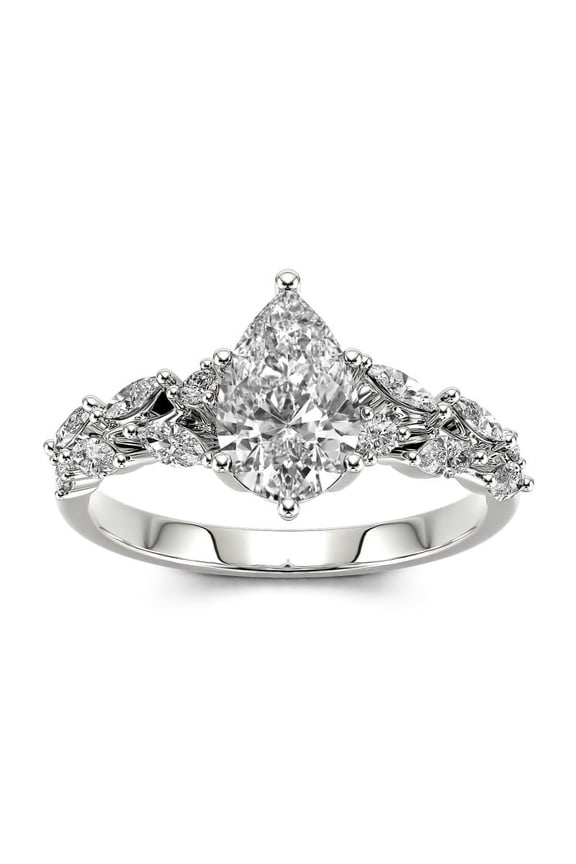 1.67 Ct Pear Cut Lab Created Wedding Ring - Classic Engagement Rings - 14K White Gold Plated Rings - Nature Inspired Leafy Ring Gifts for Her - Interesting Designer Rings for Women