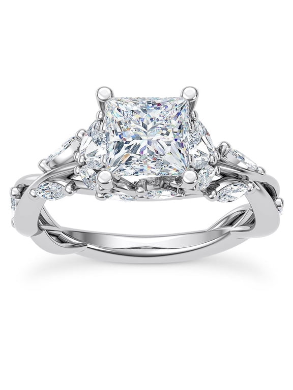 1.8 Ct Princess Cut Twisted Vine Solitaire Lab-Created Simulated Diamond Engagement Ring 14K White Gold Plated with Accent Stones for Her