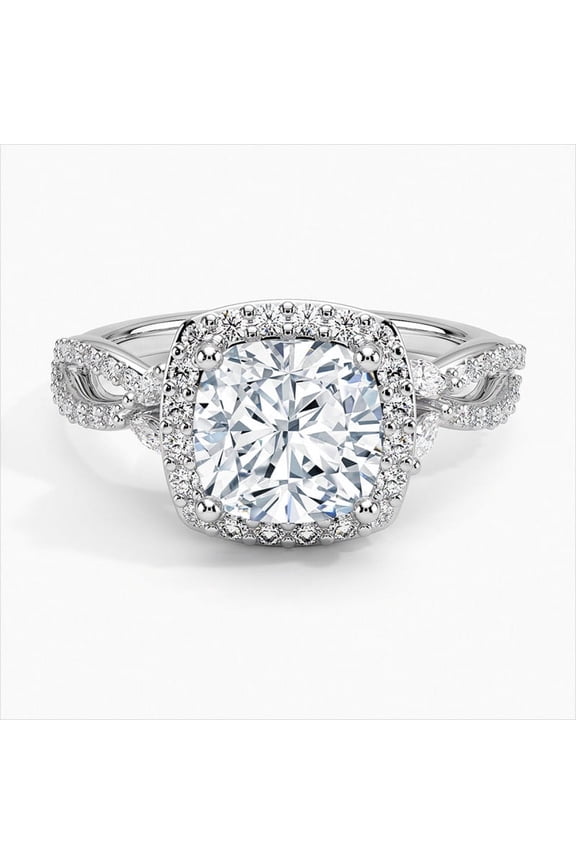 1.9 Ct Cushion Cut Excellent Diamond Ring - 14K White Gold Plated Band - Infinity Twist Halo Ring for Women - Engagement Jewelry