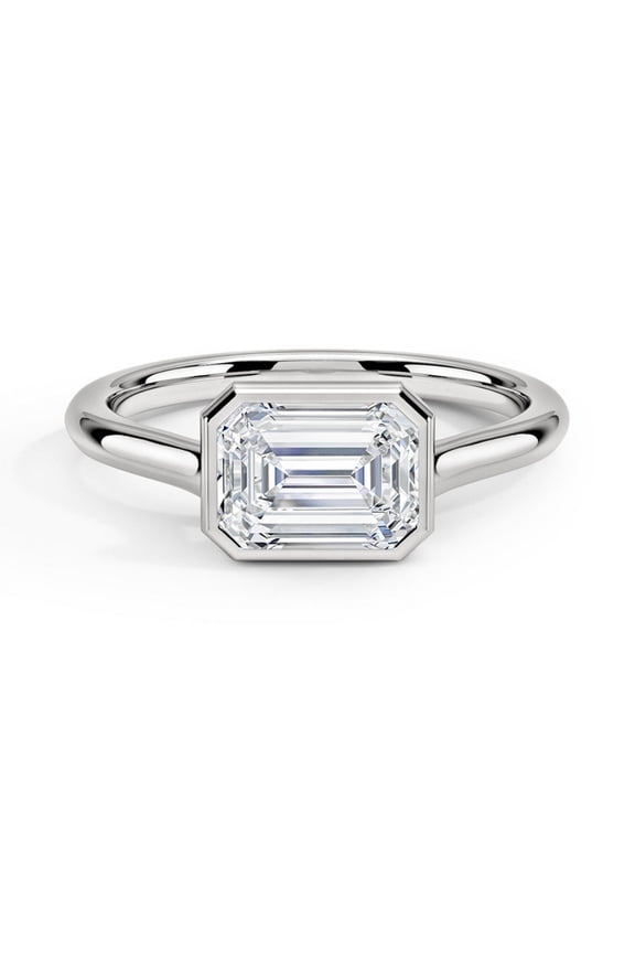 14K White Gold Plated Solitaire Diamond Rings - 2 Ct Emerald Cut Women's Rings - Bezel Set Engagement Ring - Classic Anniversary Jewelry for Women - East West Style Band