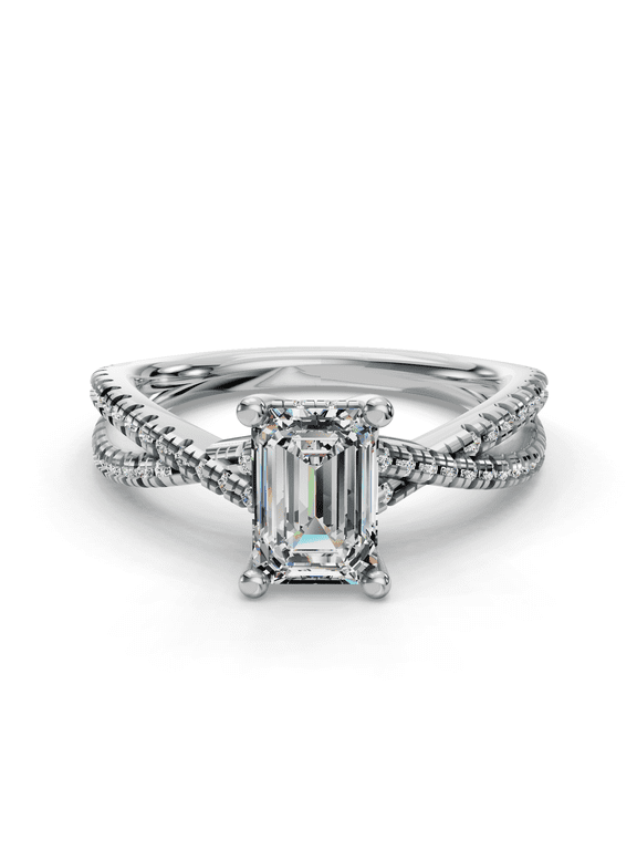 2.1 Ct Emerald Cut Lab-Created Simulated Diamond Solitaire Engagement Ring 14K White Gold Plated Infinity Twisted Cross Over Shank Prong Setting for Women