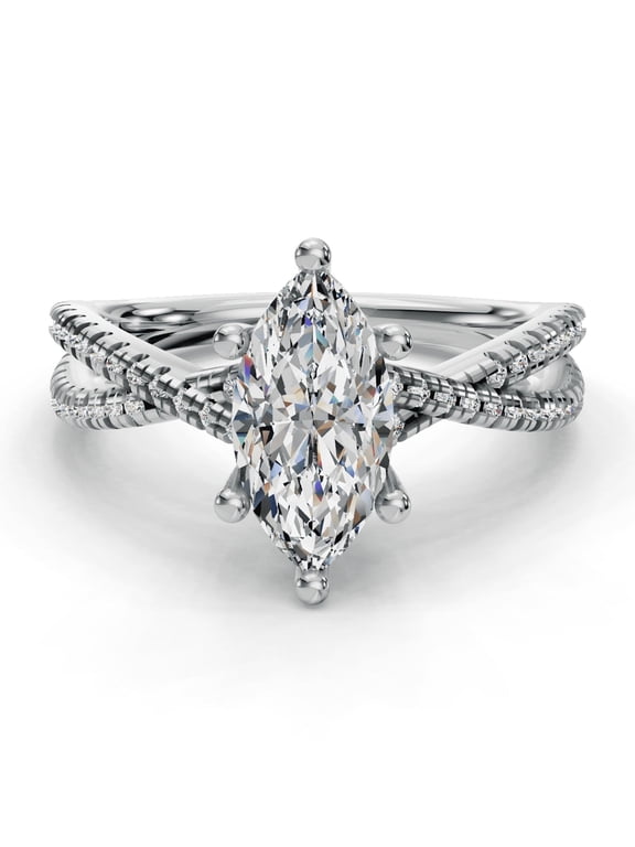 2.1 Ct Marquise Cut Lab-Created Simulated Diamond Solitaire Engagement Ring 14K White Gold Plated Infinity Twisted Cross Over Shank Prong Setting for Women
