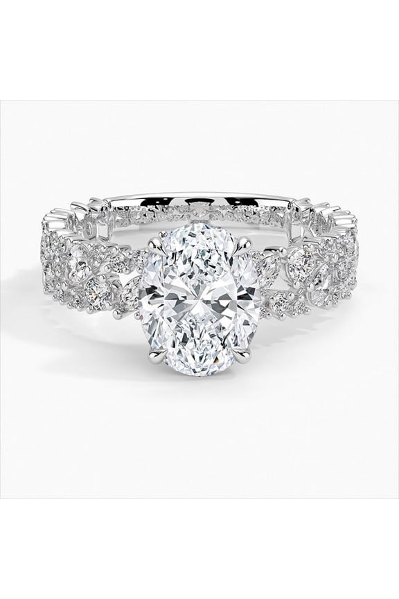 2.1 Ct Oval Cut Excellent Diamond Ring - Silver 14K White Gold Plated Band - Multi-Stone Cluster Engagement Ring for Women - Unique Design