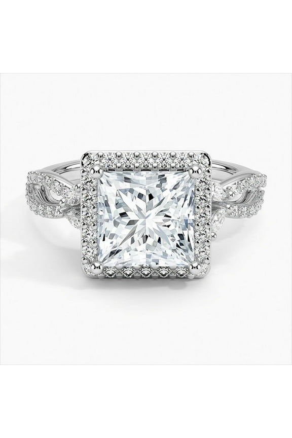2.1 Ct Princess Cut Excellent Diamond Ring - Silver 14K White Gold Plated Band - Eternity Infinity Twist Halo Ring - Women’s Gift