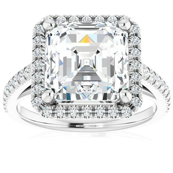 Empire Jewel 2 Ct Lab Created Asscher Cut Diamond Ring - 14K White Gold Over Wedding Anniversary Ring - 25th Anniversary Gift - Halo Split Shank Unique Design Women's Rings - Promise Gifts for Her