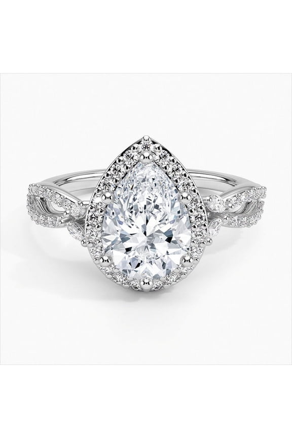 2 Ct Pear Cut Excellent Diamond Ring - Silver 14K White Gold Plated Band - Infinity Twisted Halo Engagement Ring - Eternity Style