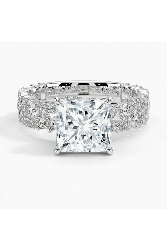 2 Ct Princess Cut Excellent Diamond Ring - 14K White Gold Plated Band - Cluster Multi-Stone Engagement Ring - Unique Wedding Ring