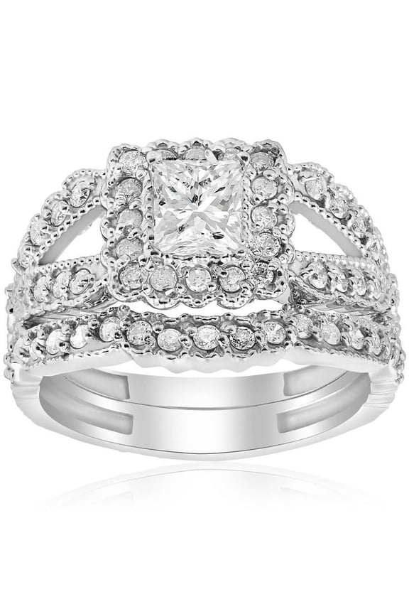 Beautiful 1.9 Ct Princess Cut Halo Split Shank Eternity Diamond Rings - Lab-Created Simulated Diamond - 14K White Gold Plated - Stunning Engagement Rings - Ideal for Romantic Gifts
