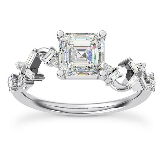 Empire Jewelry 1.8 Ct Moissanite Ring - Asscher Cut Engagement Ring with Baguette Accents - 14K White Gold Plated Winding Design - Wedding Jewelry for Special Day - Perfect Gift for Wedding