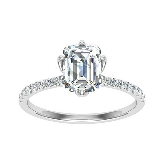 Empire Jewelry 1.9 Ct Emerald Cut Moissanite Ring - 14K White Gold Plated Engagement Wedding Hidden Halo Ring - Solitaire with Accents Diamond Ring