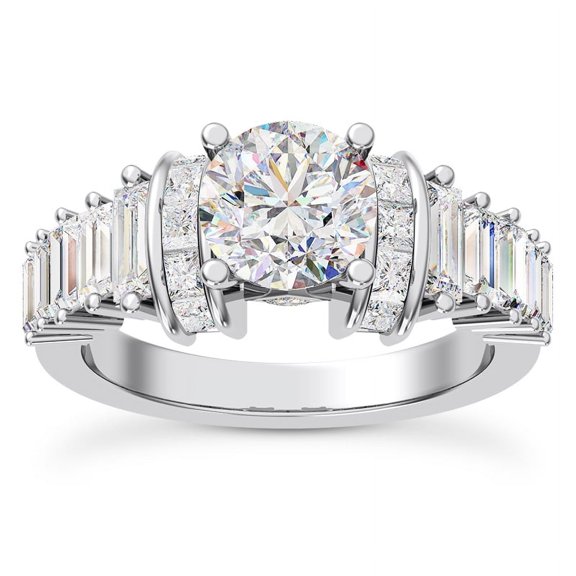 Empire Jewelry 14K White Gold Plated Princess-Cut & Baguette Ring - 1.7 Ct Round Cut Moissanite Engagement Wedding Ring for Women - Solitaire Lab Grown Diamond Jewelry for Her
