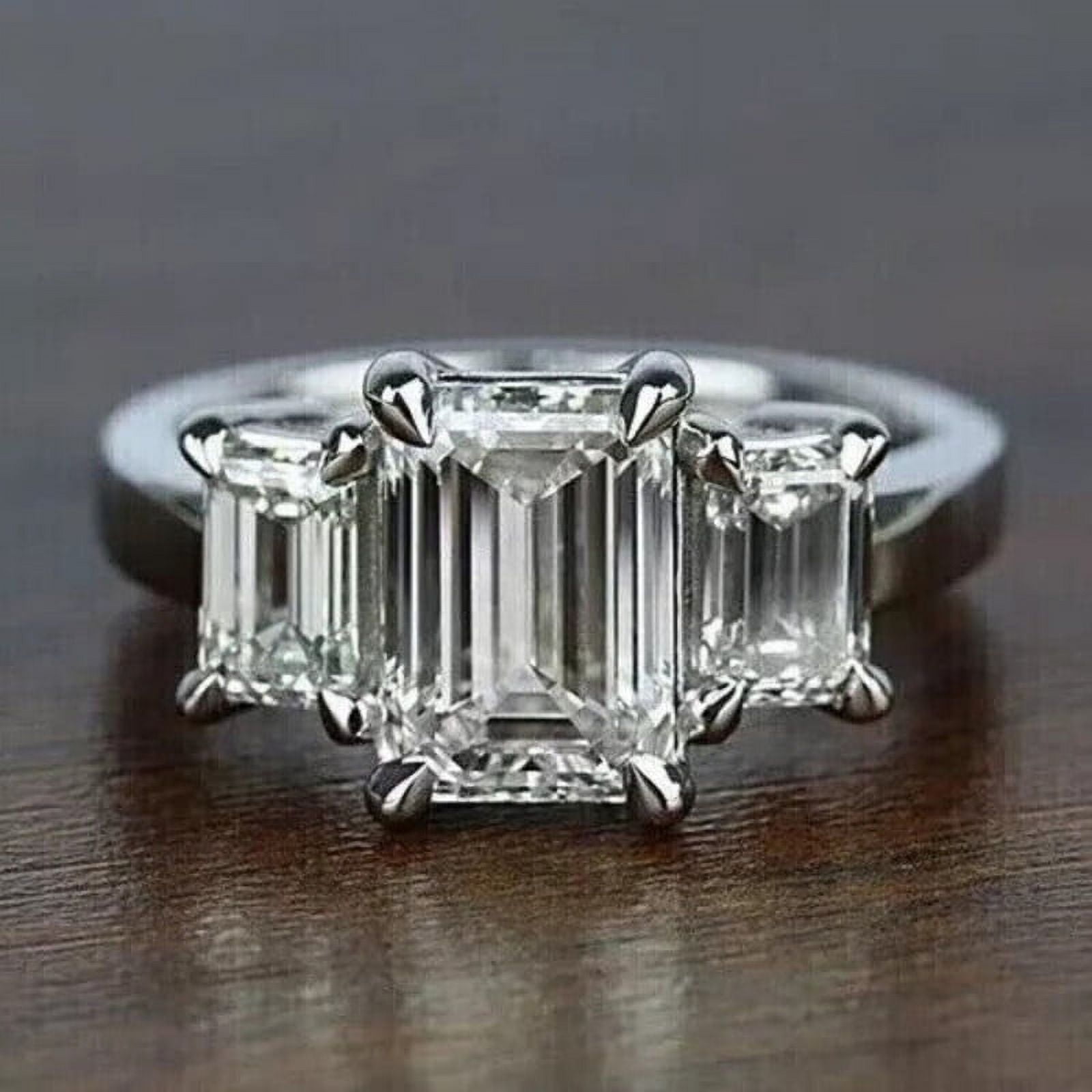 Empire Jewelry 14K White Gold Rings - 2.1 Ct Emerald Cut Moissanite Solitaire Ring for Women - Three-Stone Engagement Wedding Ring - Beautiful Silver Diamond Ring for Special Occasions