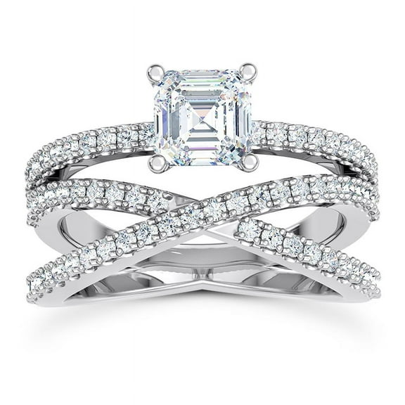 Empire Jewelry Asscher Cut Diamond Ring - 1.7 Ct Moissanite Stone in Pave Set Design - White Gold Over 14K Criss Cross Engagement Ring for Bridal Jewelry - Luxury Wedding Band for Special Events