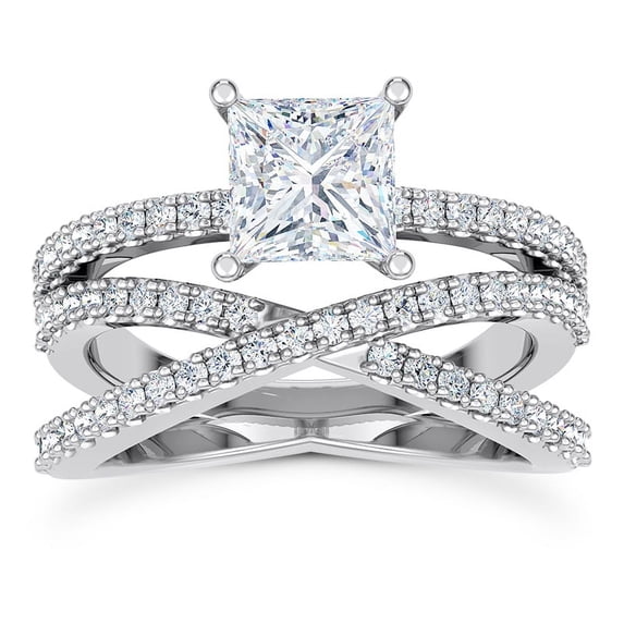 Empire Jewelry Bridal Diamond Ring - 1.7 Ct Princess Cut Moissanite Stone Criss Cross Engagement Band - White Gold Over 14K Pave Set Design - Wedding Jewelry for Her - Sparkling Luxury Appeal