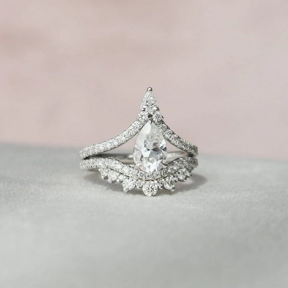 Empire Jewelry Pear Cut 2.1 Ct Moissanite Wedding Ring Set With Curved Matching Band - 14K White Gold Plated Anniversary Ring Set - Bridal Silver Ring Set- Bridesmaid Gift
