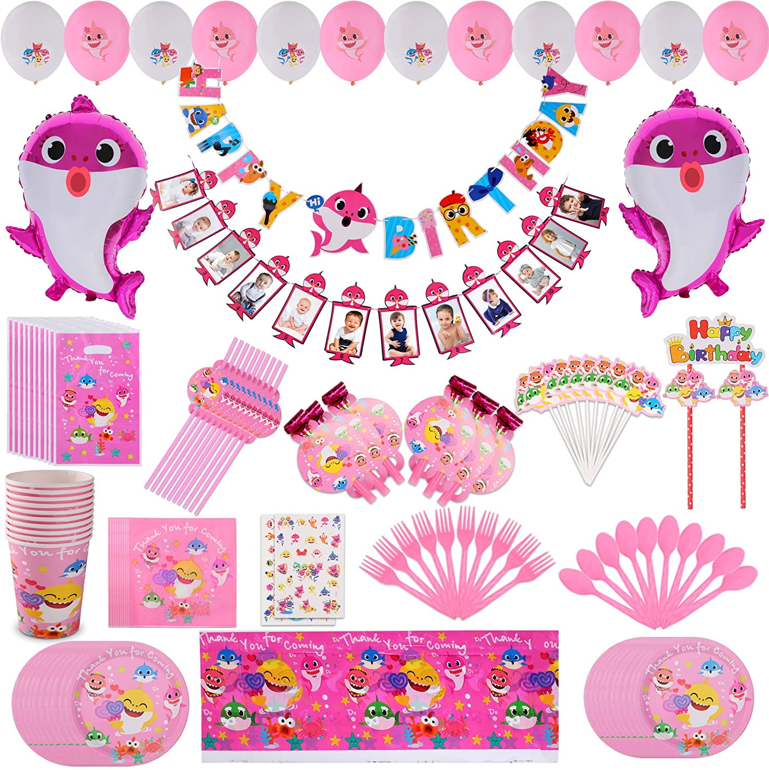 Empire Party Supply Baby Shark First 1st Birthday Party For Girl, Pink Baby  Shark Bday Decorations Kit - 12 Month Photo Banner Disposable Tableware