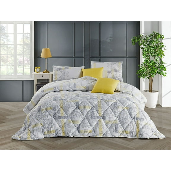 Empire Silver & Yellow Geometric Cotton 9 Piece Bed in a Bag Comforter Set with Sheets