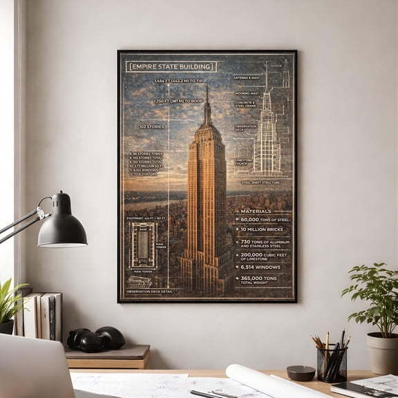 Empire State Building Blueprint Nyc Skyscraper Civil Engineer Architecture Infographic Vintage, Unframed Poster