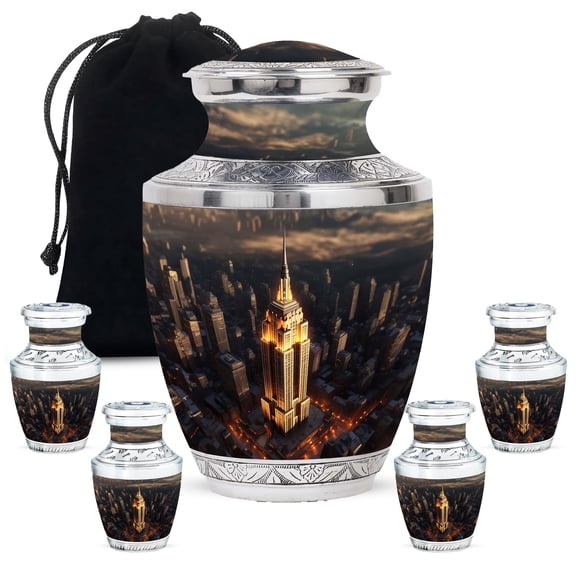 Empire State Building Rainbow Large Urn For Ashes Adult Male And Female - Mini Burial Urn For Ashes For Women And Men - Memorial Gifts For Decorative Combo 10Inch 200Lbs And 3Inch 4 Keepsake Urn