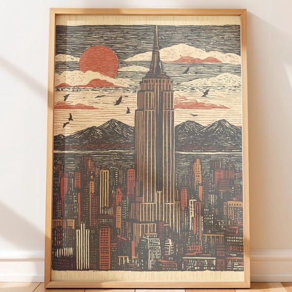 Empire State Building Vintage Retro Wall Art New York City Skyline Illustration Urban Native Style, Stretched Canvas
