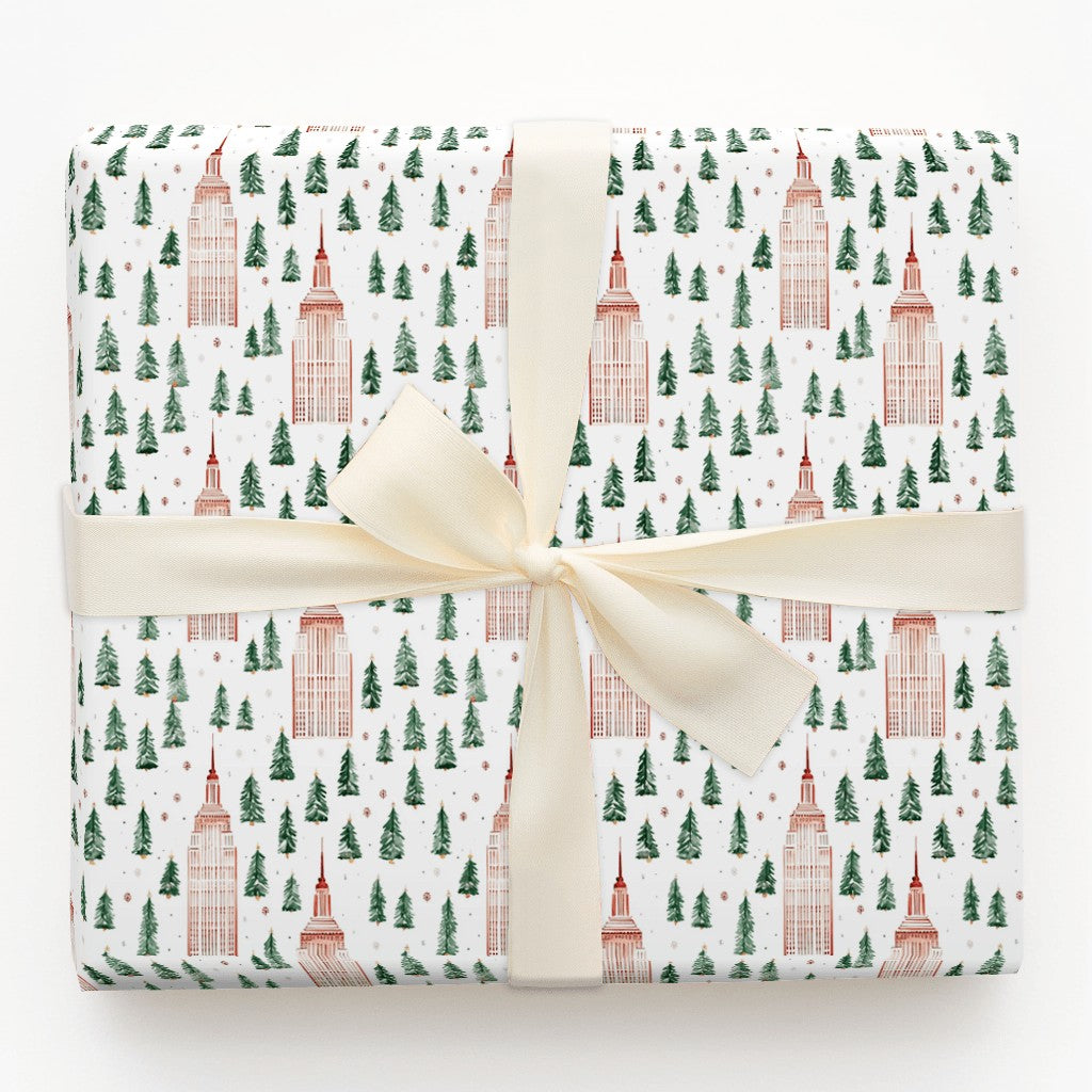 Wrapping Paper Building Empire State Building and Christmas Tree Pattern Holiday Wrapping Paper ...