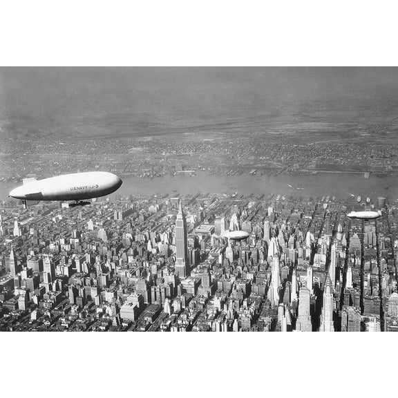 Empire State & Chrysler w/ Navy Blimp, NYC - 24x36 Inch Glossy Laminated Aviation Poster - Stunning Detail and Bold Colors