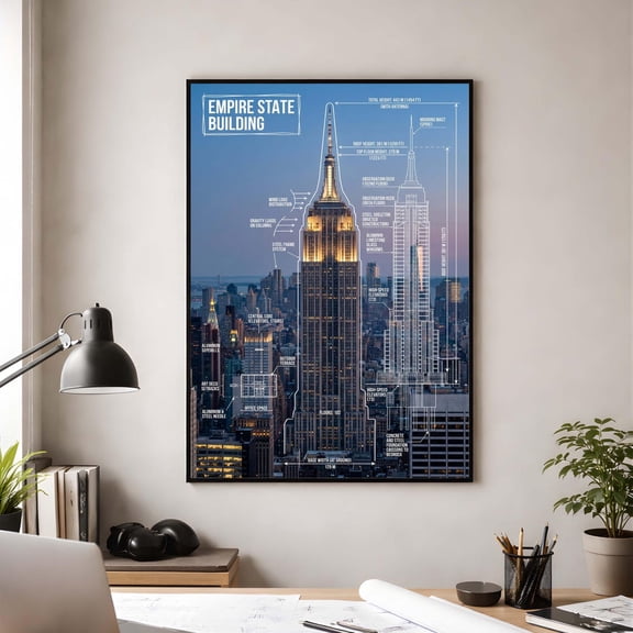 Empire State Structural Blue NYC Skyscraper Steel Frame Diagram Civil Engineer Wind Load Chart Art Deco Architecture Wall Art Print