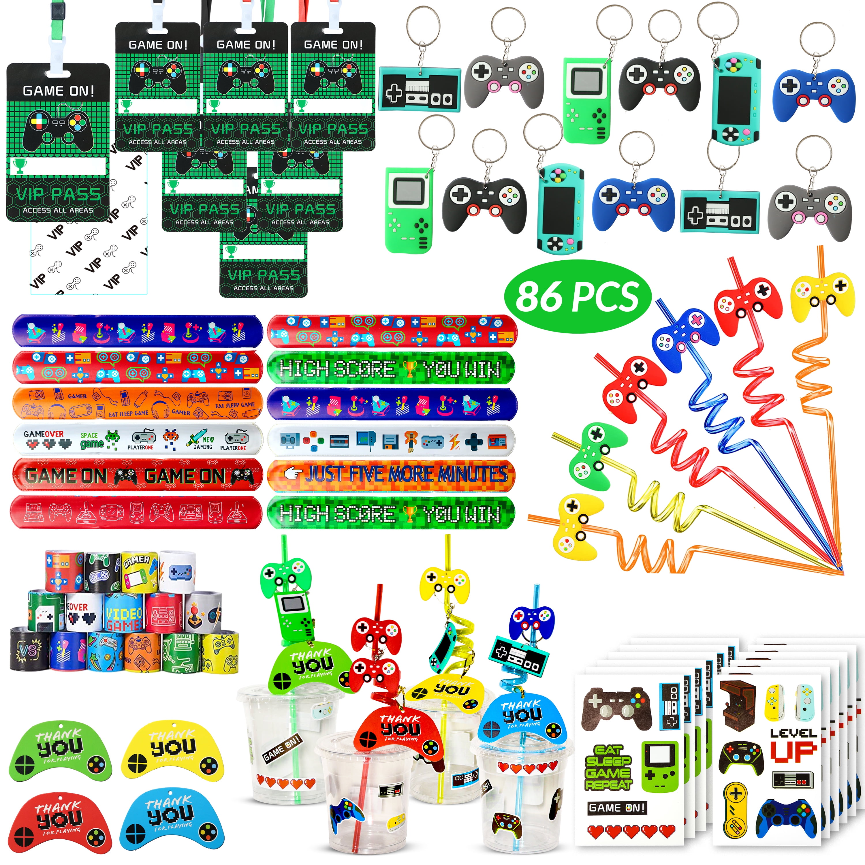 Empire Video Game Party Supply 84 Favors for Gamer Kids - 12 Set Game On VIP Pass Keychain Wristband Cup Straw Stickers for Boys Level Up Birthday