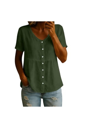 Empire Waist Button Down V Neck Peplum Linen Shirts Plus Size Linen Top Flowy Tunic Shirts Yellow Peplum Tops Maternity Button Up Shirt Cotton Linen Tunic Tops Linen Shirts Green S