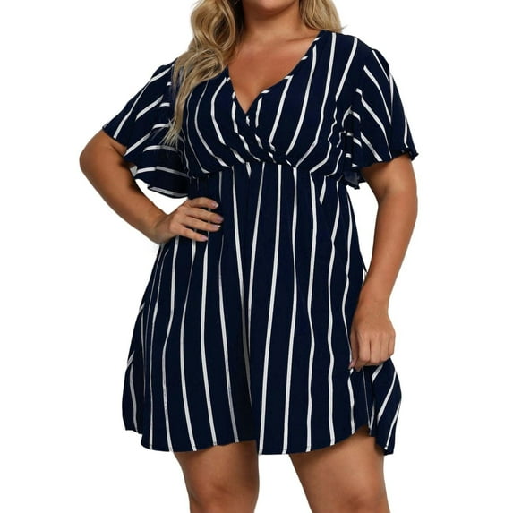 Empire Waist Dress For Women, Casual Plus Size Striped V Neck Short Sleeve Tunic Bohemian Dress Long Wedding Guest Women Hawaiian Dress Tropical Dresses 2024 Casual Dresses (XXL, Navy) ZMTing
