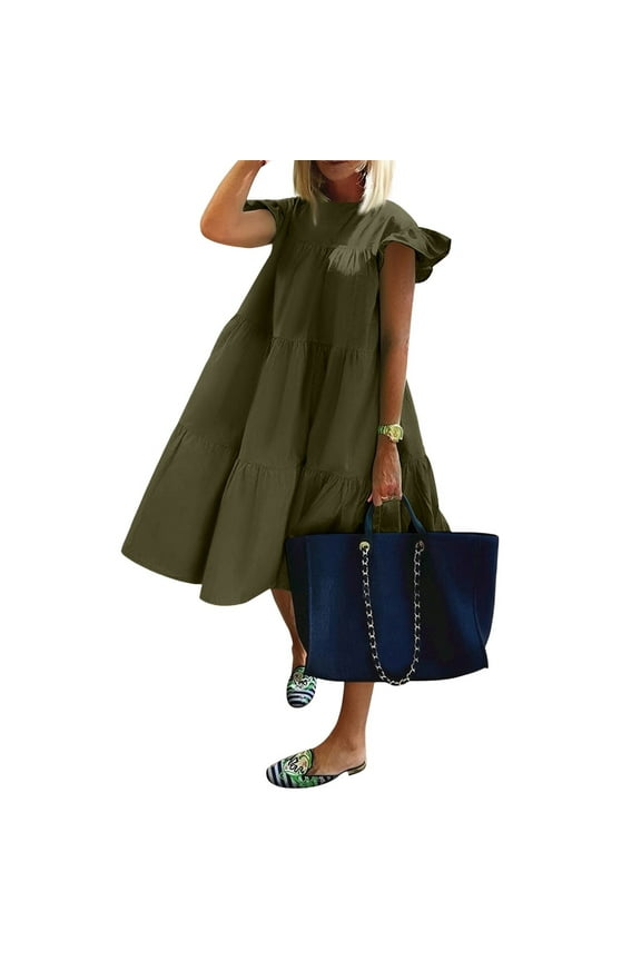 Empire Waist Dress For Women, Tank Casual Crew Neck Ruffle Flutter Sleeve Elegant Classy Dress Women Elopement Bride Black Dresses Funeral Engagement Chiffon Dresses Maxi (M, Army Green) ZMTing