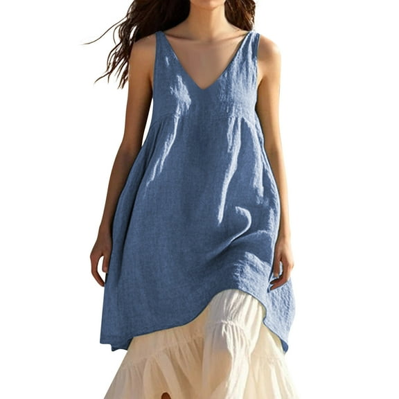 Empire Waist Dress For Women, Tank Casual Loose Sleeveless Cotton Linen Solid Color V Neck Beach Dresses Cocktail Women Formal Birthday Dress Spring Wedding Dresses Maxi (XXL, Royal Blue) ZMTing