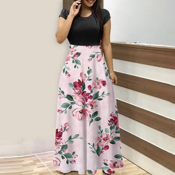 Empire Waist Dresses for Women 2023 Short Sleeve Crewneck Floral Maxi Long Dress Summer Fashion Casual Sun Boho Dresses