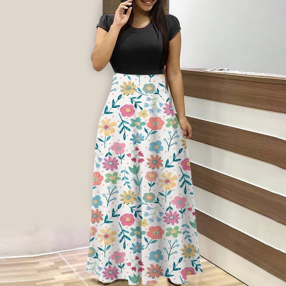 Empire Waist Dresses for Women 2024 Short Sleeve Crewneck Floral Maxi Long Dress Summer Fashion Casual Sun Boho Dresses