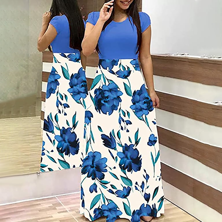 Empire Waist Dresses for Women 2024 Short Sleeve Crewneck Floral Maxi Long  Dress Summer Fashion Casual Sun Boho Dresses - Walmart.com