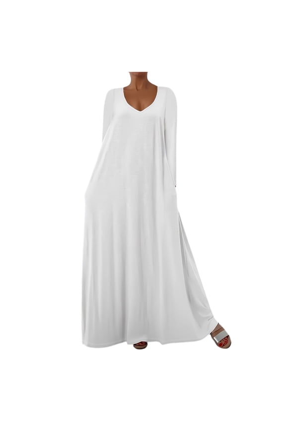 Empire Waist Maxi Dress, V Neck with Flowy Long Sleeves, Romantic Dress for Date Nights, Photoshoots, and Spring/Summer Events. White L