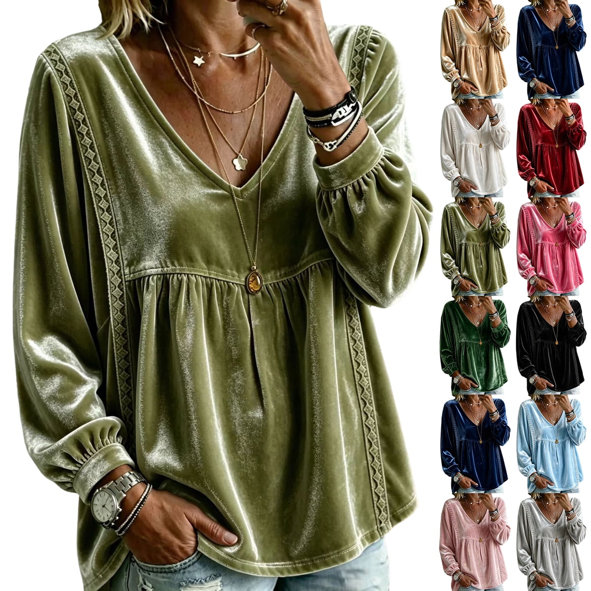 Empire Waist Tops for Women Velvet Long Sleeve V Neck Pullover Loose Fit Gathered Front Lace Trim Fall Casual Babydoll Blouse Womens Dressy Top
