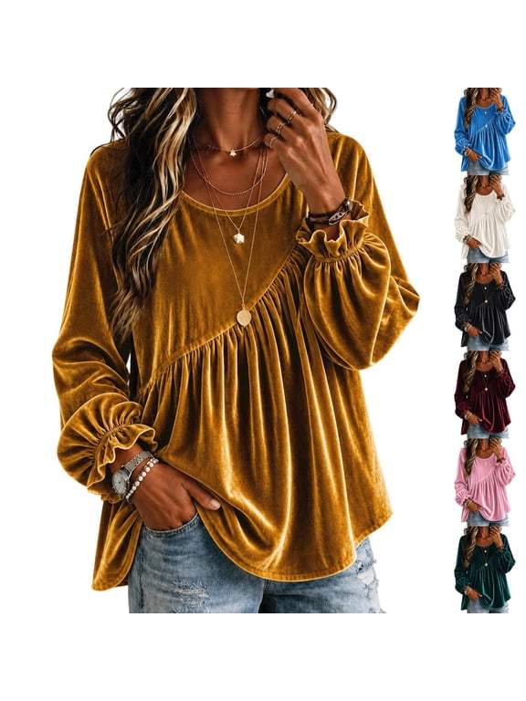 Empire Waist Velvet Top for Women Long Sleeve Scoop Neck Ruched Babydoll Blouse Bishop Sleeve Ruffled Cuff Loose Fit Dressy Casual Going Out Winter