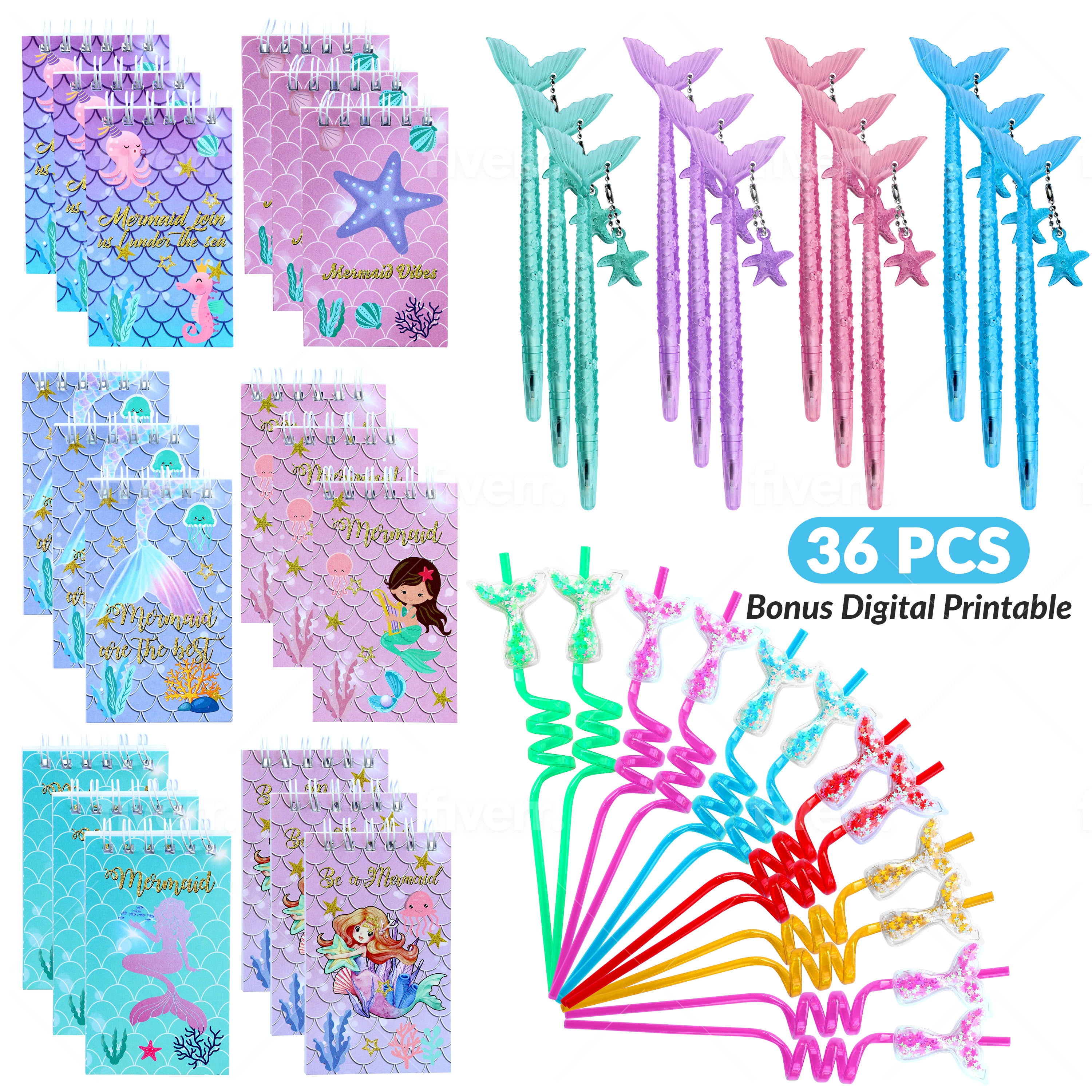 Empire party Supply 36 Pcs Mermaid Party Favors, Set of 12 Mini Notebook Pen Cute Tail Straws for Girl Birthday Supplies Gifts Classroom Rewards