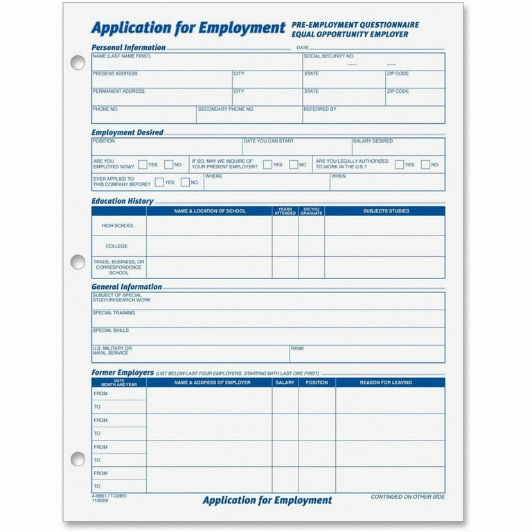 Employee Application Form, One-Part (No Copies), 11 x 8.38, 50 Forms/Pad, 2 Pads/Pack