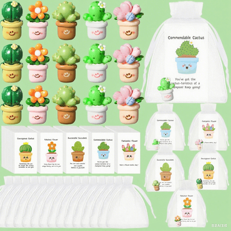 Employee Appreciation Gift Bulk for Coworkers Resin Flower Pot Pun Inspirational Notecards Organza Bags, Thank You Staff Gift Office, Pocket Favors Commendable Cactus Flower Succulent (50 Pcs Set)