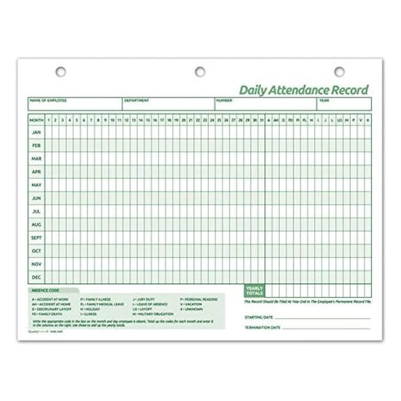 Employee Attendance Records, Daily Time Cards - Letter Size (25 Forms) - Staff Attendance Tracker, Absence Log, Employee History - Green, 3-Hole Punched