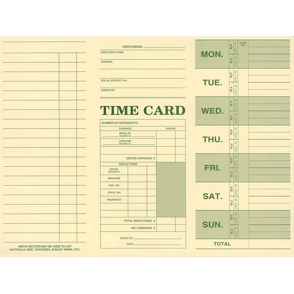 Employee Attendance Weekly Time Card Pack of 100