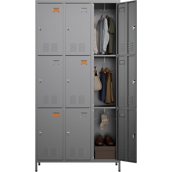 Employee Lockers with 27 Hooks,9 Doors Metal Storage Locker with Card Holder for Employees Home Gym,Assembly Required (Dark Grey)