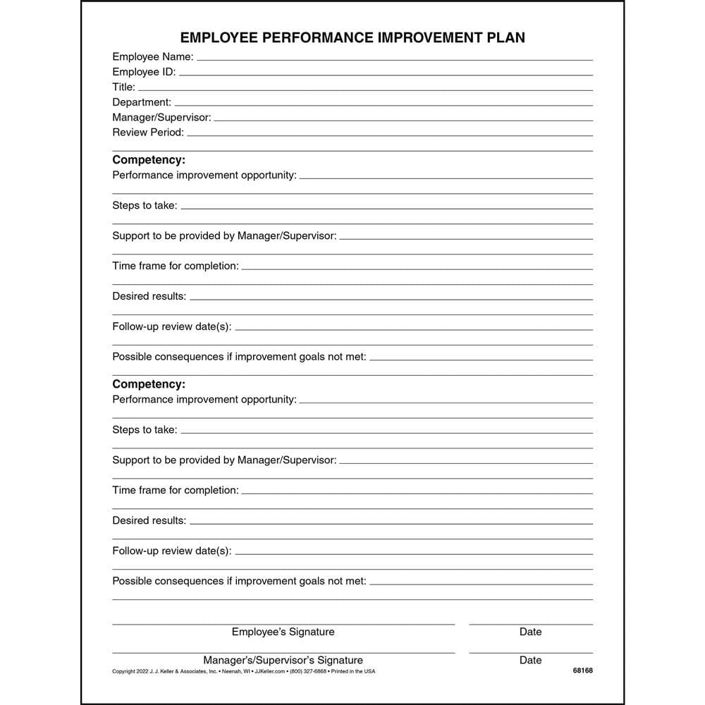 J. J. Keller & Associates, Inc. Employee Performance Improvement Plan Form, 75 Pack