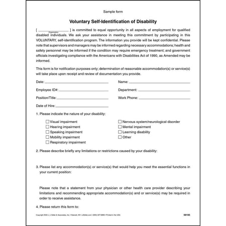 Employee Self-Identification of Disability Form, 8.5 x 11, 75 Pack