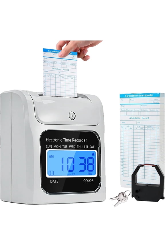 Employee Time Clocks for Small Business, Auto-Align Time Clock Punch Machine with 50-Piece Time Cards, Two Security Keys, and One Ink Ribbon Cartridge