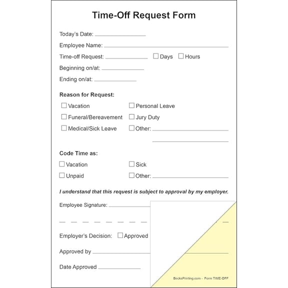 Employee Time Off Request Forms on 2 Part Carbonless Paper (Pack of 250)