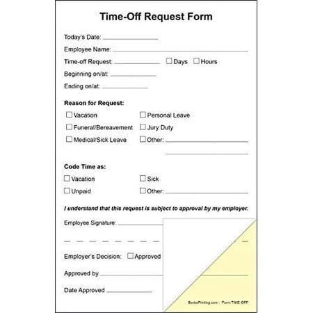 Employee Time Off Request Forms on 2 Part Carbonless Paper (Pack of 500)